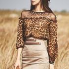 Lace Panel Leopard Print Long-sleeve Top
