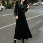 Long-sleeve Plain A-line Midi Dress Black - One Size