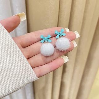Bow Pom Pom Drop Earring 1 Pair - Stud Earrings - White - One Size