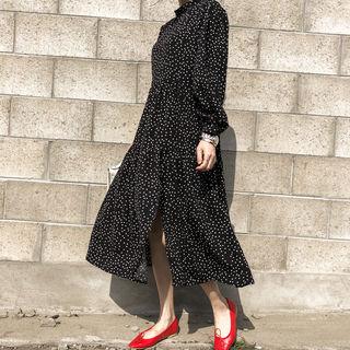 Stand-collar Puff-sleeve Patterned Long Shirtdress