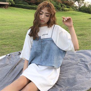 Set: Elbow-sleeve T-shirt Dress + Denim Camisole Top