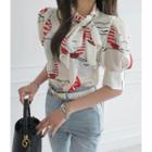 Tie-neck Puff-sleeve Printed Blouse Ivory - One Size