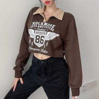 Long Sleeve Lettering Crop Polo Shirt