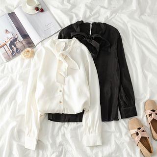 Tie-neck Long-sleeve Satin Blouse