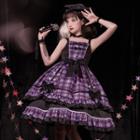 Wide Strap Plaid A-line Dress / Choker / Beret / Set