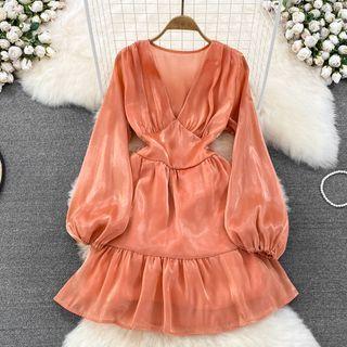Puff Sleeve V-neck Ruffle A-line Dress