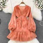 Puff Sleeve V-neck Ruffle A-line Dress