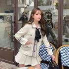 Contrast Trim Tie-neck Coat / High-waist Pleated Skirt