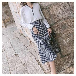 Contrast Trim Blouse / Gingham Godet Pencil Skirt