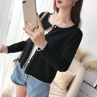 Long-sleeve Contrast Trim Ruffled Cardigan