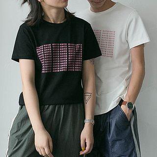 Wording Print Short-sleeve Couple Tee