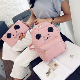Set: Mouse Embroidered Faux Leather Backpack + Wristlet