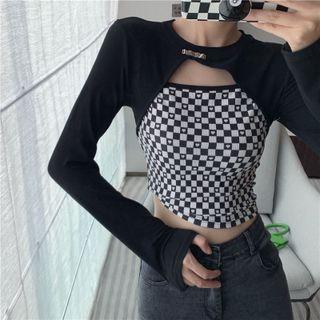 Long-sleeve Mock Two-piece Checkered T-shirt