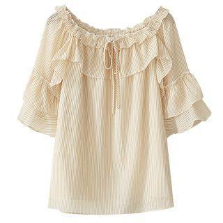 Short-sleeve Striped Frill Trim Chiffon Blouse Stripes - Yellow & White - One Size
