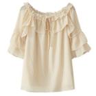 Short-sleeve Striped Frill Trim Chiffon Blouse Stripes - Yellow & White - One Size