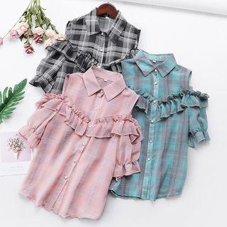 Plaid Ruffle Trim Cold Shoulder Elbow-sleeve Shirt