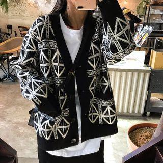V-neck Geometric Knit Cardigan