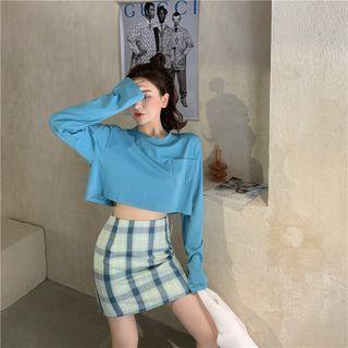 Long-sleeve Cropped T-shirt / Plaid Mini Pencil Skirt