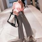 Set: Off-shoulder Long-sleeve T-shirt + Drawstring Wide Leg Pants Pink - One Size