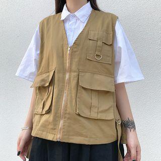 Pocket Detail V-neck Zip Vest Khaki - One Size