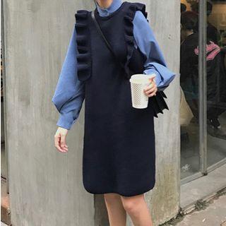 Balloon-sleeve Shirt / Sleeveless Ruffle-trim Knit Dress
