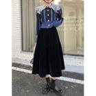 Contrast Collar Striped Cardigan / Midi A-line Skirt