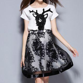 Set: Sequined Deer Short Sleeve T-shirt + Mesh Overlay A-line Skirt