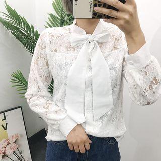 Long-sleeve Bow Accent Lace Blouse