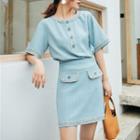 Set: Short-sleeve Placket Top + A-line Skirt