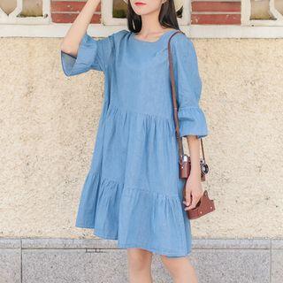 Flared Elbow-sleeve Denim Dress