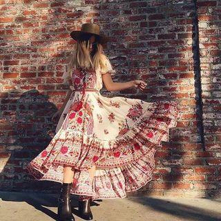 Short-sleeve Printed Maxi Sundress
