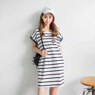 Short Sleeve Applique Striped Dress
