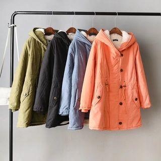 Drawstring Fleece-lining Button Long Jacket