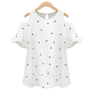 Star Print Cut Out Shoulder Elbow Sleeve Top
