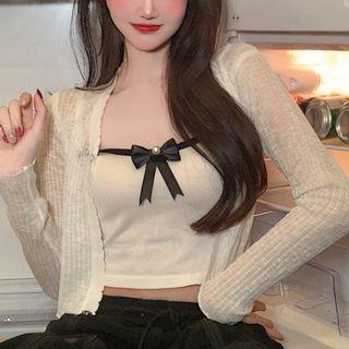 Plain Bow Accent Camisole Crop Top / Plain Cropped Cardigan