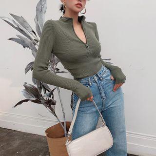 Long-sleeve Half-zip Cropped Knit Top