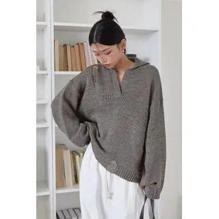 Collared V-neck Distressed Sweater