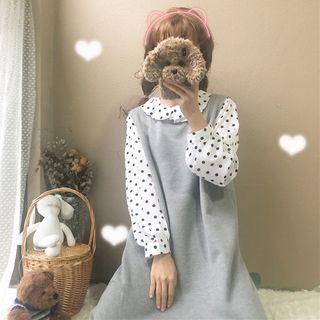 Dotted Blouse / Plain Midi Tank Dress / Set