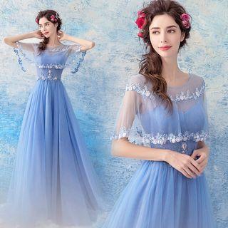 Flower Embroidered Short Sleeve Evening Gown
