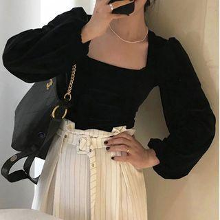 Puff-sleeve Square Collar Corduroy Plain Top