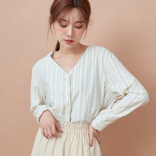 Long-sleeve Striped Blouse Stripe - White - One Size