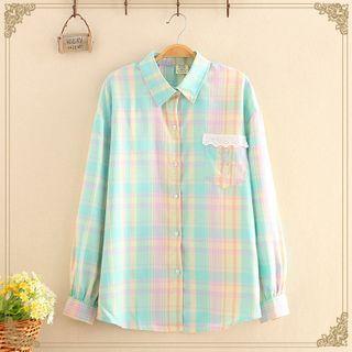 Lapel Gingham Long-sleeve Shirt With Lace Pocket As Shown In Figure - One Size