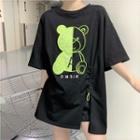 Elbow-sleeve Bear Embroidered Drawstring T-shirt