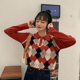 Argyle Polo Neck Knit Top
