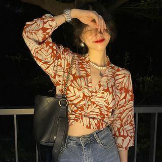 Long-sleeve V-neck Tie-waist Floral Crop Shirt Red - One Size