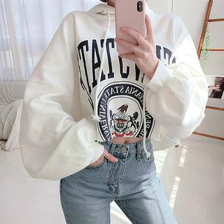 Balloon-sleeve Letter Crop Hoodie