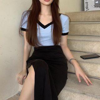 Contrast Trim T-shirt / Midi Pencil Skirt