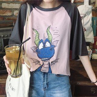 Elbow-sleeve Two-tone Printed T-shirt