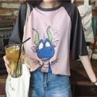 Elbow-sleeve Two-tone Printed T-shirt
