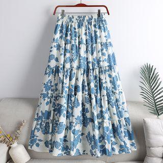 Flower Print Panel A-line Midi Skirt